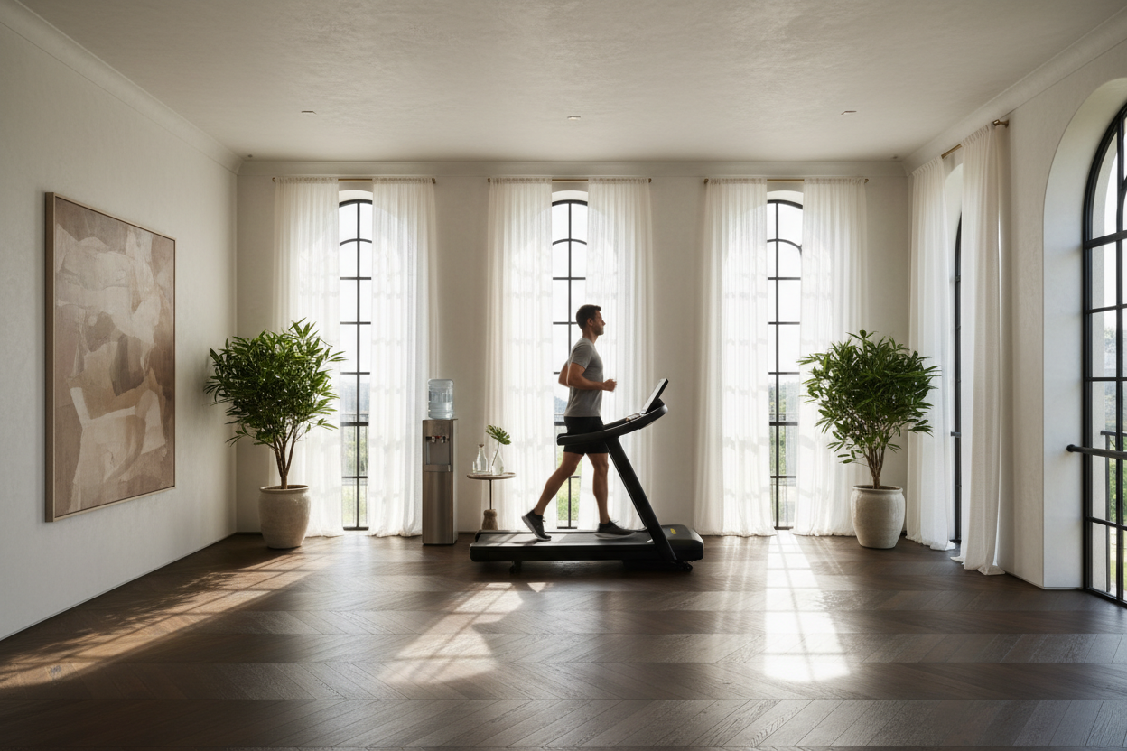 Generate a banner image suitable for a premium online store, but with natural lighting. Feature a photorealistic "Luxury" vibe of a modern architetural minimal and lived and welcomign relaxing wellness room with a dark wood parwut flooring highe celiing and arched windows with balkcdetails and linens curtains and white walls and a man running on a treadmill as the clear focus.